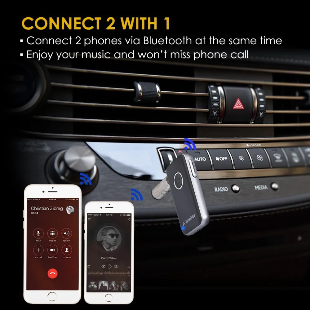 Avantree Bluetooth 4,1 приемник, Hands-free автомобильный комплект с микрофоном и потоковой музыкой, портативный беспроводной музыкальный адаптер для автомобиля дома