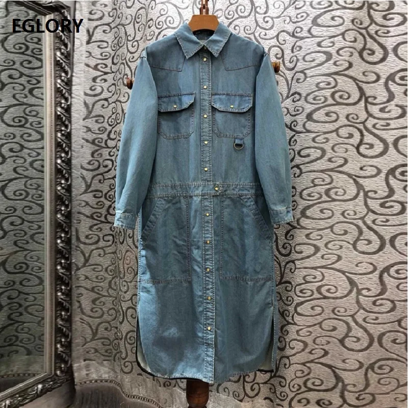 

100%Cotton Denim Dress 2019 Autumn Fashion Casual Jeans Dress Women Turn-down Collar Appliques Lace Patchwork Long Sleve Dress