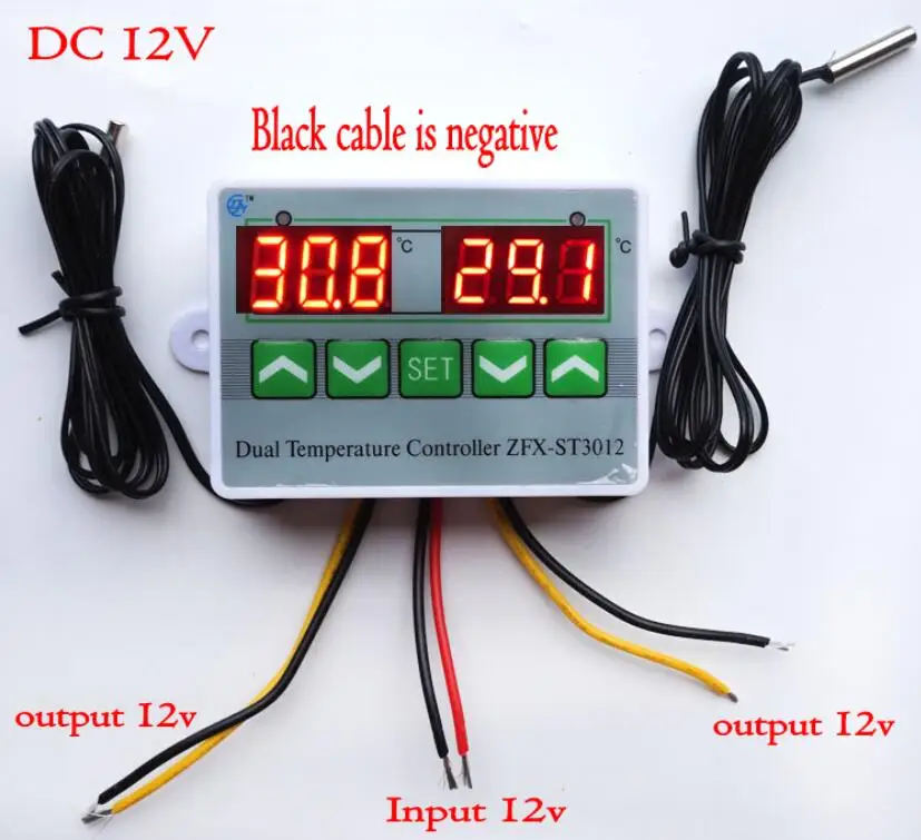 12 В 24 В 220 В микрокомпьютер цифровой двойной термометр контроль температуры Лер термостат инкубатор контроль 2 шт. зонд - Цвет: DC12V