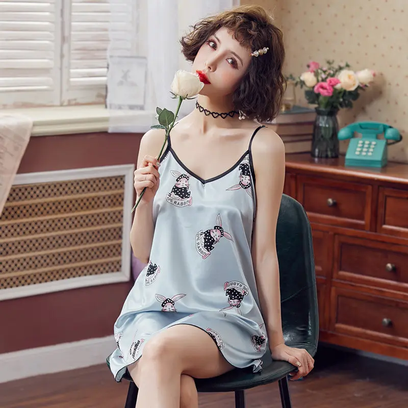 

Wasteheart Women Fashion Female Blue Sexy Sleepwear Nightdress Faux Silk V Neck Nightwear Sleepshirt Nightgown Luxury French