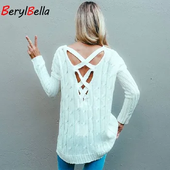 

Pullover Sweater For Women Winter Fashion Back Irregular Hollow Knitting Tops Pull Jumper Loose Christmas Sweater BerylBella
