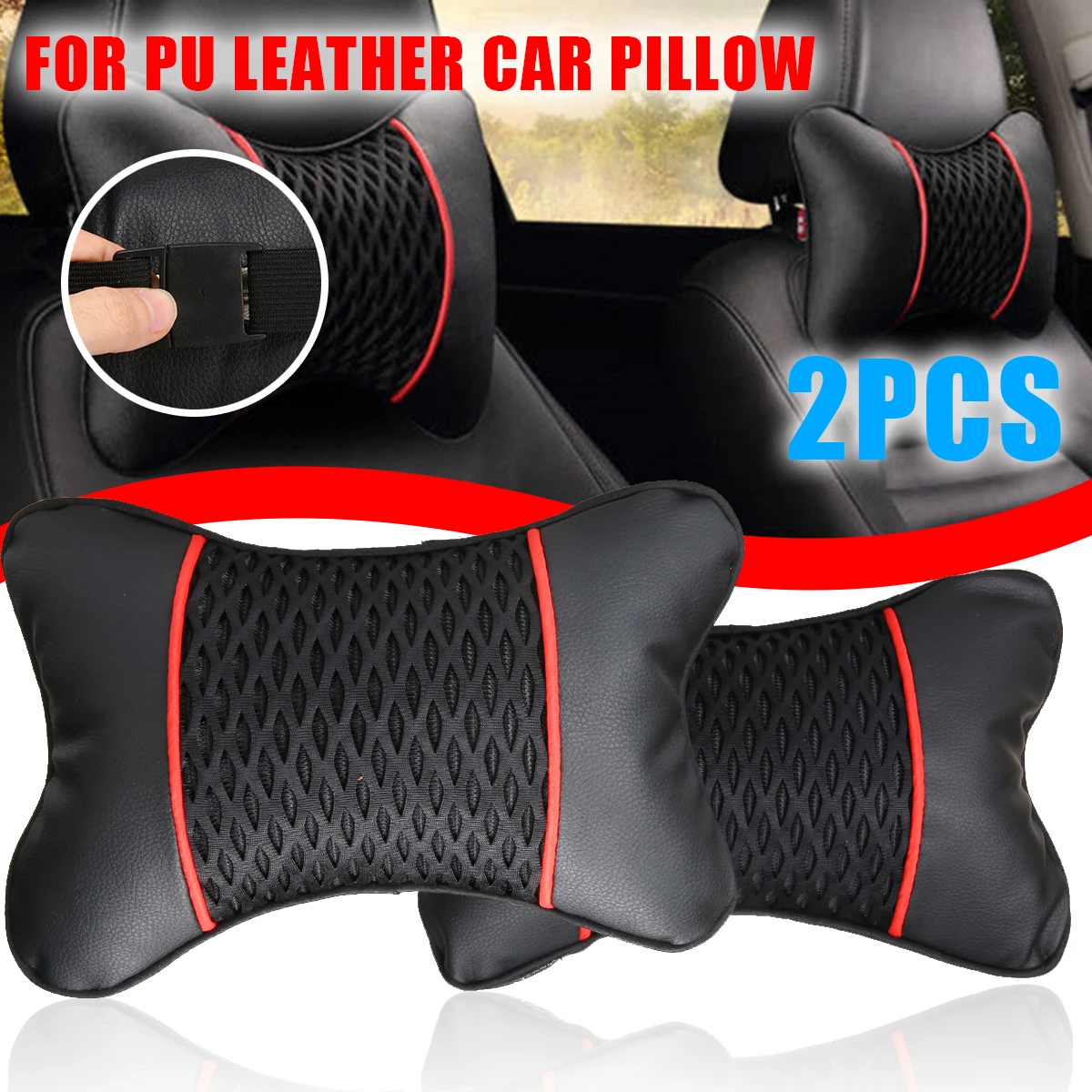 1pair PU Leather Knitted Car Seat Pillow Headrest Neck Cushion Universal Leather + Ice Silk + Soft Cutton