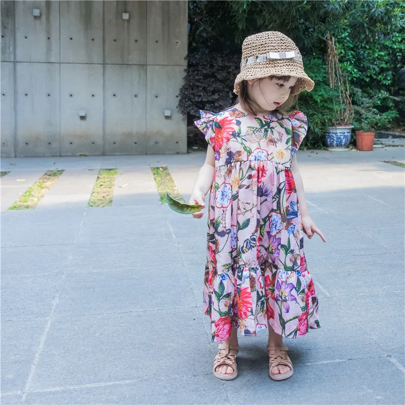 

Girls Dress Summer Fairy Big Flowers Pink Long Style Mid-calf Holiday Beach Dresses for Kids