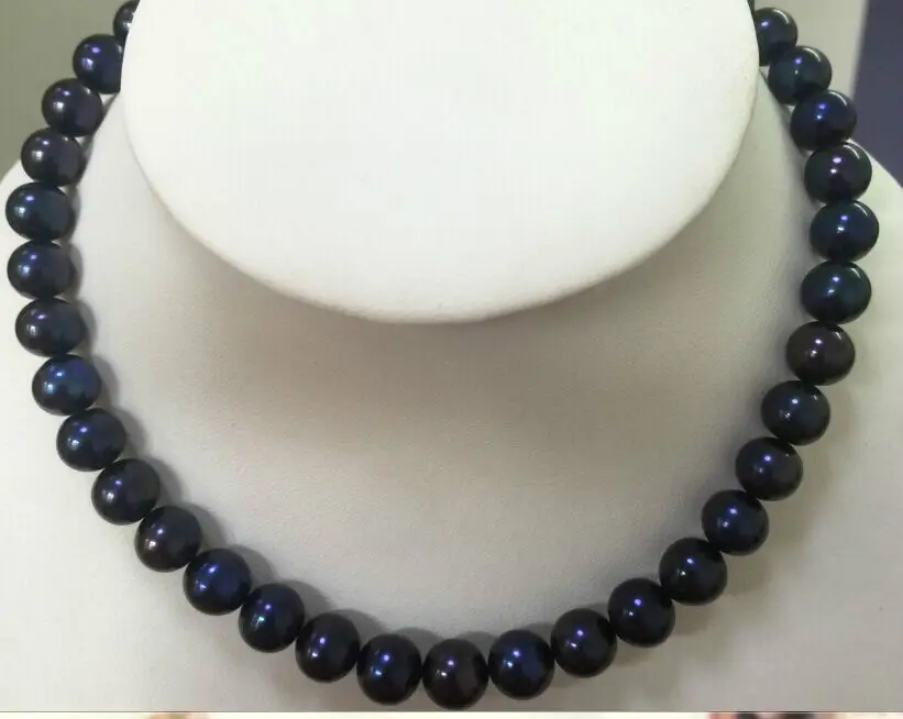 

stunning 10-11mm natural tahitian black blue pearl necklace 18"925 silver