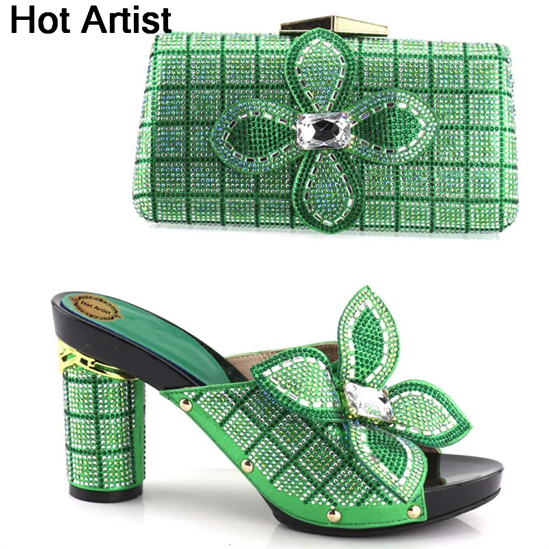 

Hot Artist New Fashion Flowers Rhinestone Shoes And Bags Set African Style Pumps Woman Shoes And Bag Sets For Party YH-06