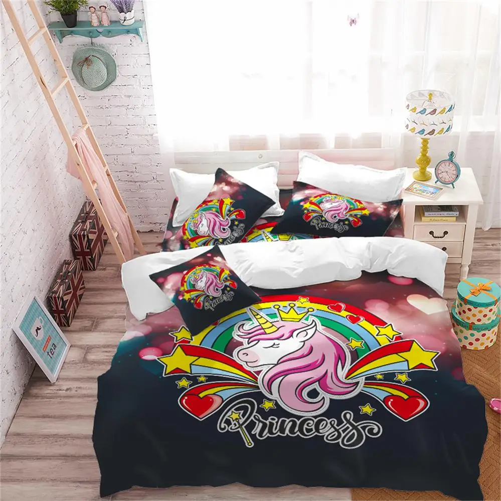 Best Girls Colorful Unicorn Bedding Set Rainbow Heart Print Duvet Cover Set Princess Cartoon Bedding Twin Full Queen King Size D45