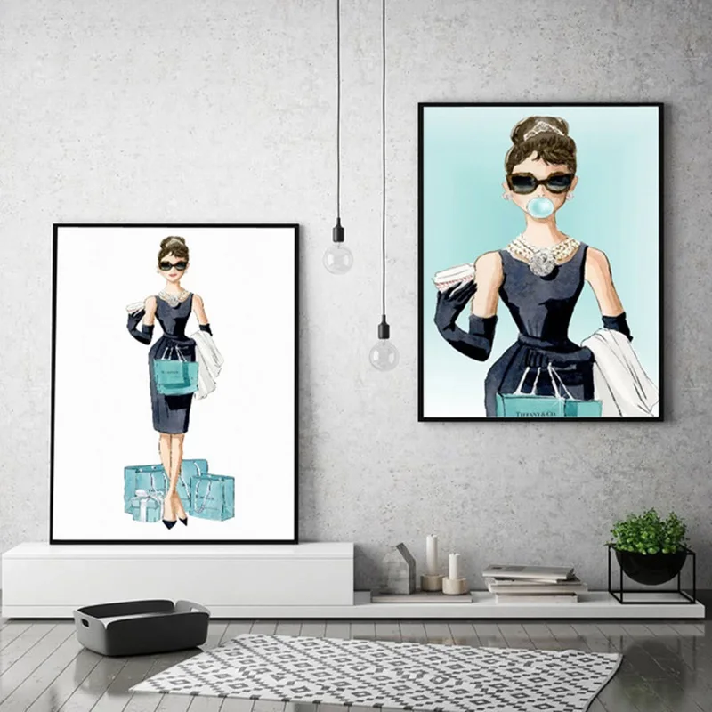 

Cartoon Bubble Audrey Hepburn Poster Diamond Blue Lady Shopping Canvas Prints Wall Art Paintings Pictures Living Room Home Decor