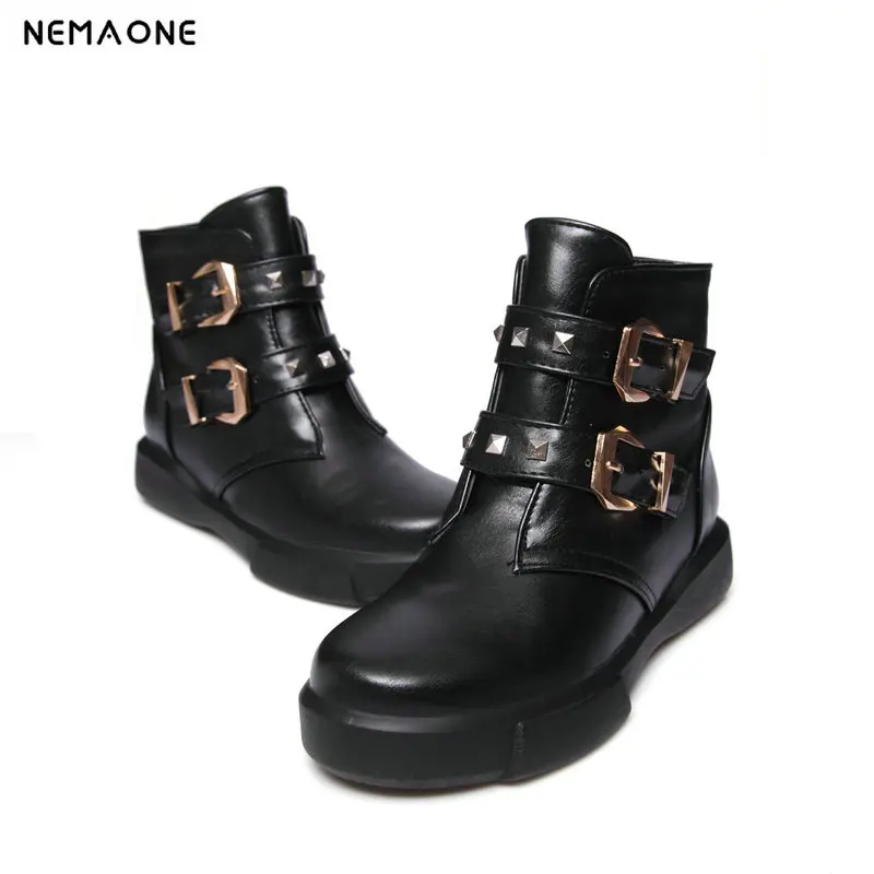 

NEMAONE Women flat platform ankle boots spring autumn western boots woman buckle Women casual shoes black white