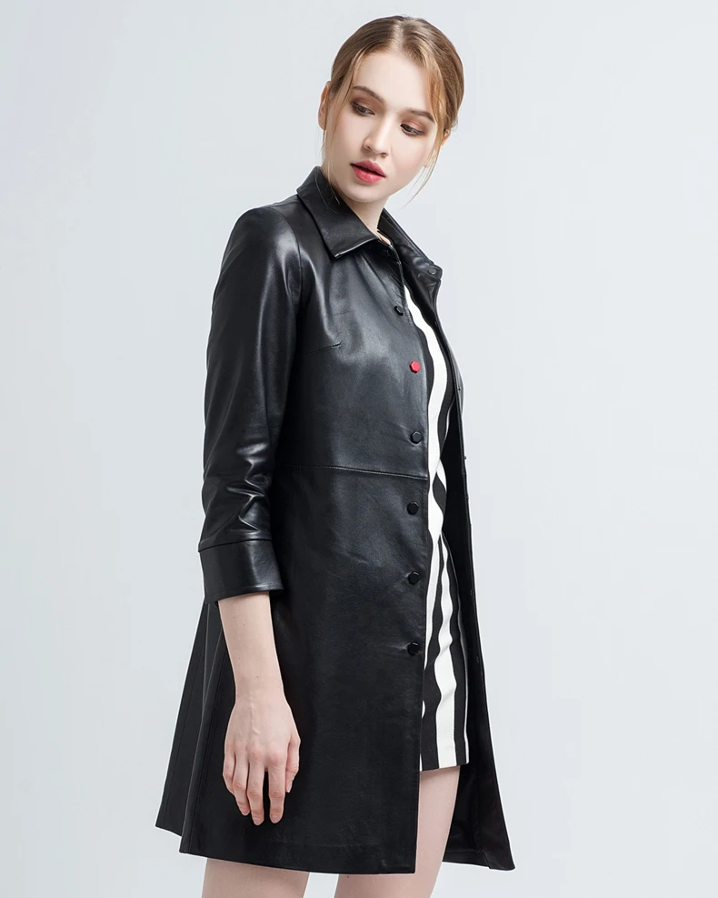 Gours, женские пальто из натуральной кожи, женская мода, Черное длинное тонкое пальто, женская ветровка, овчина, куртка, Новое поступление 9003
