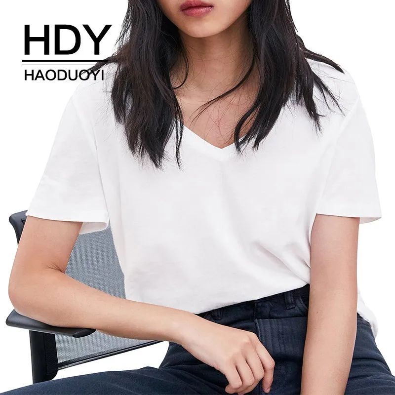 

HDY Haoduoyi Femme Summer Simple Befree Sheer White Comfortable V-neck T-shirt Top Tees Harajuku Bodycon