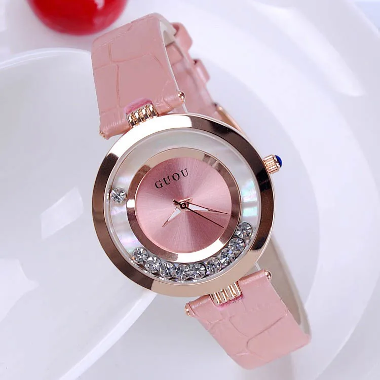 Fashion  Hot Sales Women Rolling Drill Watch Luxury Quicksand Gift Dress Watch Genuine Leather Clock Rhinestone Wrist watch