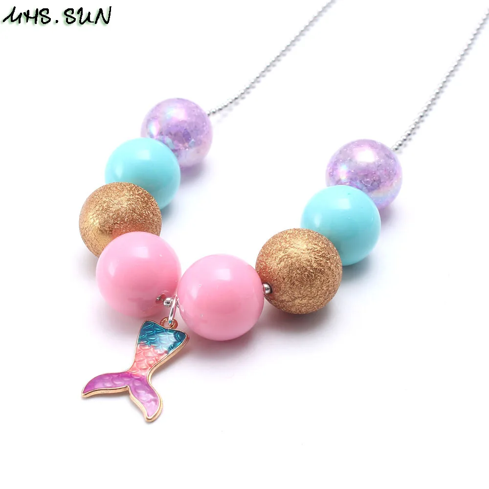 BN609 (14),$1.5-1pc,New Arrival Kids Girls Chunky Beads Necklace With Mermaid Tail Pendants Fashiong Long Chain Necklace Chunky Jewelry 1PCS