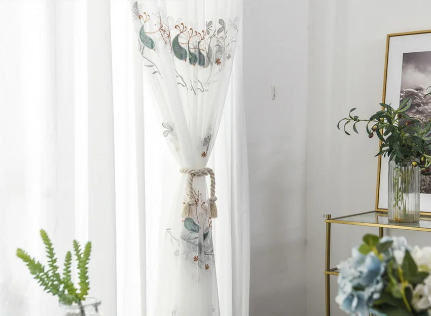 Embroidered Bird Voile Curtain for Living Room Delicate Countryside Rural Window Treatment Drapes M064C