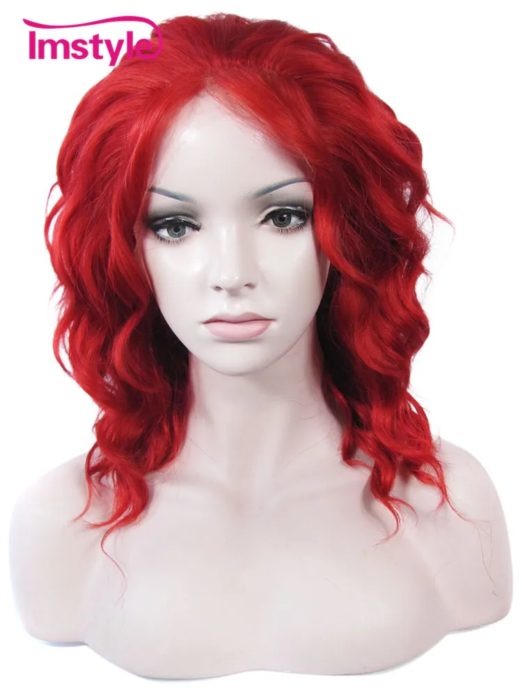 

Imstyle Red Synthetic Lace Front Short Bob Wigs For Women Heat Resistant Fiber Party Drag Queen Cosplay Wigs 14 inch