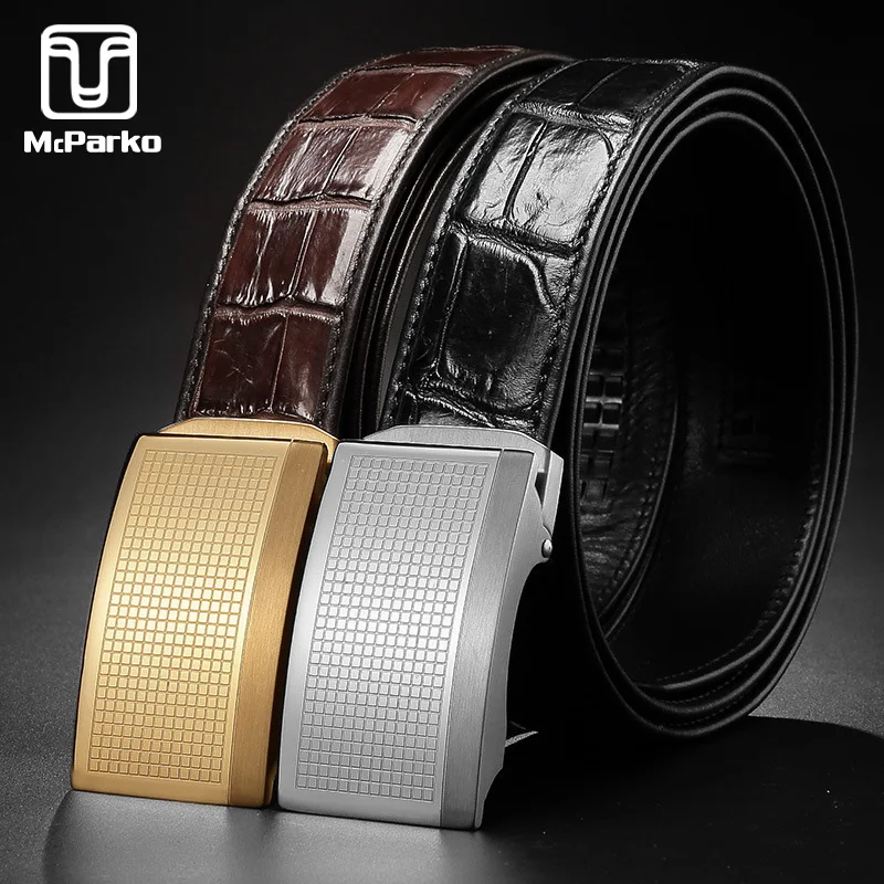 

McParko Real Alligator Belt Genuine Leather Crocodile Belt for Men Luxury Brand Stainless Steel Buckle Automatic Belt Male Brown