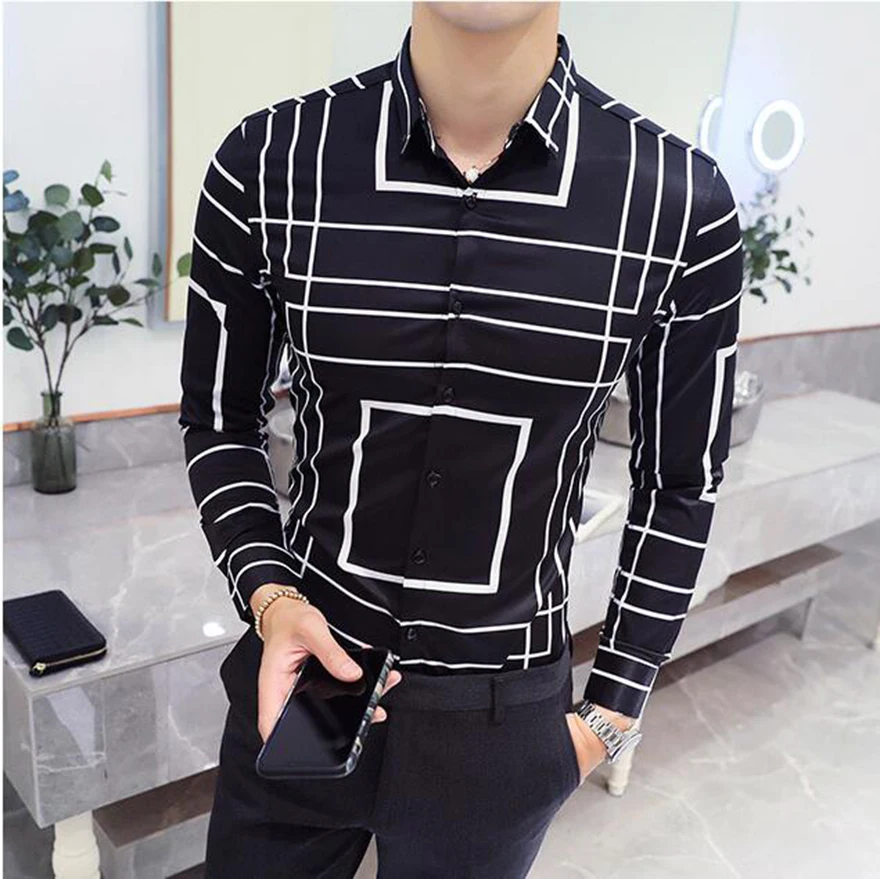 

Men'S Fashion Rectangular Printed Long-Sleeved Shirt Black And White Two High Quality Comfortable Casual Party Men'S Shirt