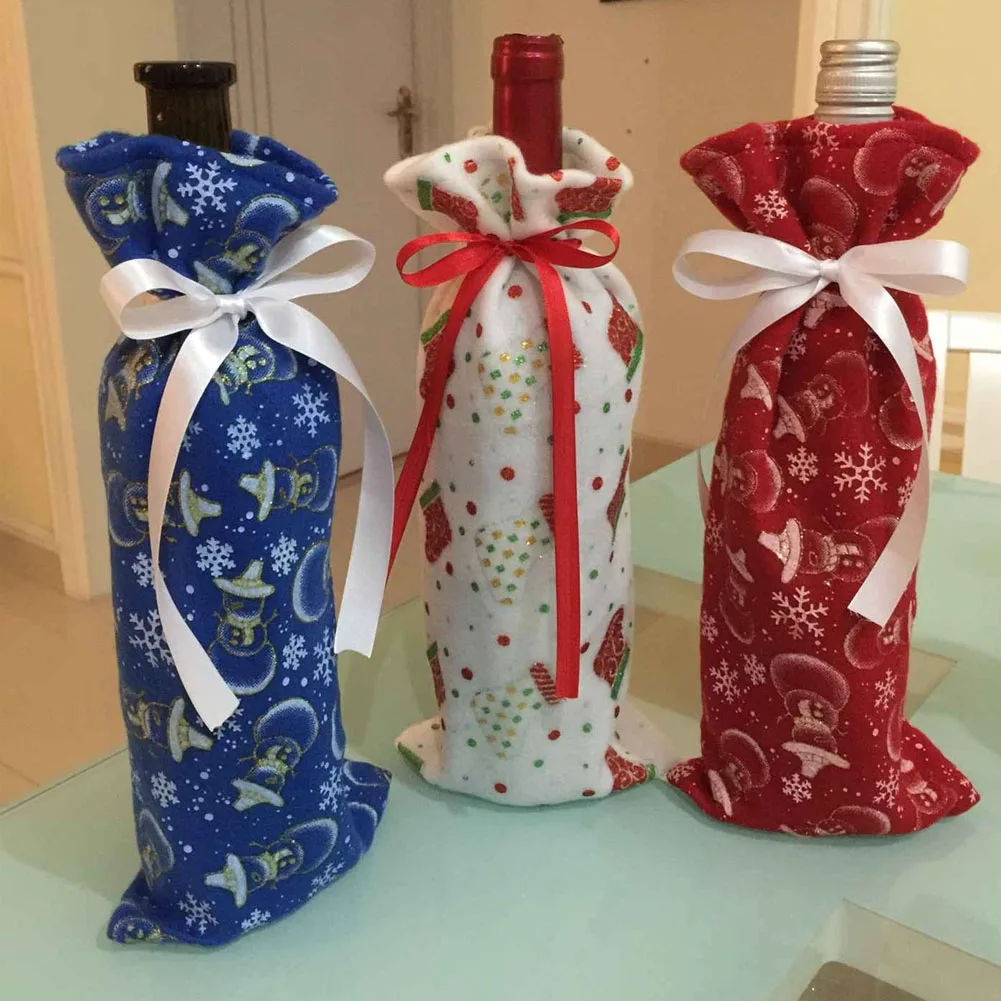 

Fashion Christmas Blue Bottle Cover Home Dinner Decoration Table Decor Snowman Print Bag On Wine Bottle Christmas Gifts Supplies