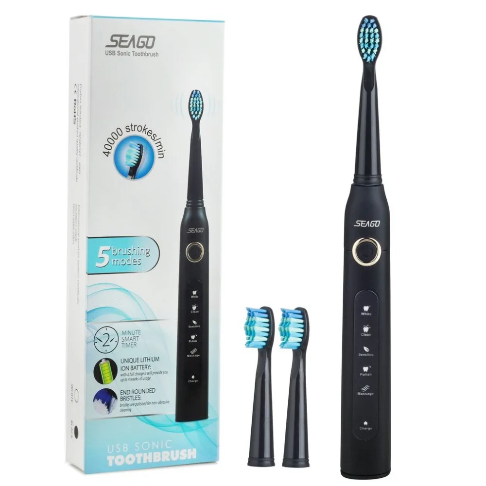 Seago SG-507 USB перезаряжаемая электрическая зубная щетка для взрослых Водонепроницаемая Глубокая чистка зубная щетка 2 Сменные головки 5 режимов очистки