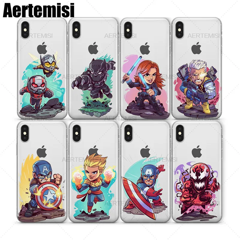 Aertemisi Ant-Man and the Wasp Black Panther Widow Cable Captain America Clear TPU Case Cover for iPhone 8 Plus X XS Max XR
