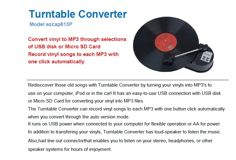 EZCAP613P Портативный Виниловый проигрыватель 33/45 об/мин LP поворотные столы для MP3 конвертер сохранить музыкальный плеер USB/SD с Динамик