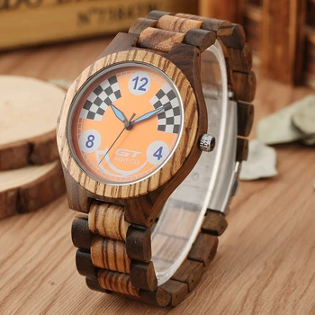 

GT Watch Men's Watches Unique Black and white Plaid Pattern Quartz Full Wooden Band Clock Male Casual Natural Wood Montre Homme