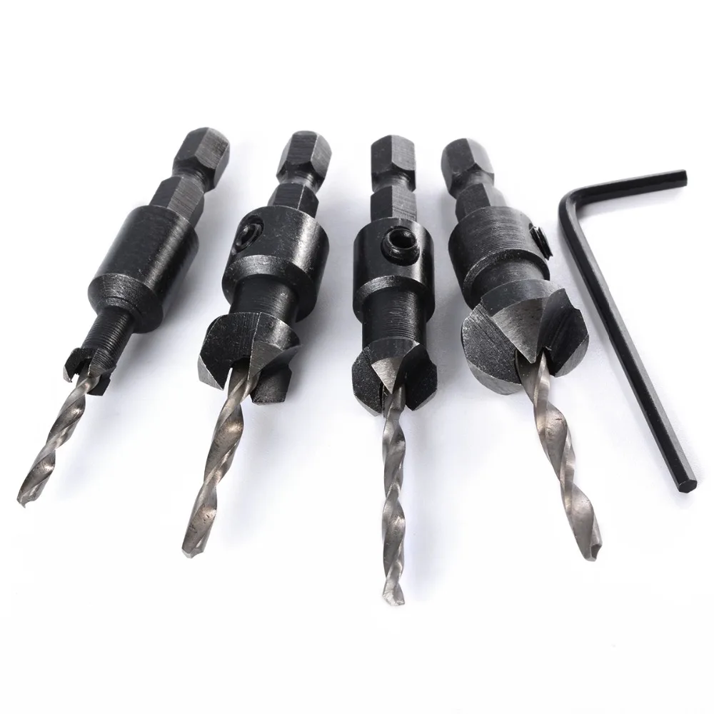 HOEN 4pc 1/4 Hex Shaft Tapered Wood Drill Countersinks Size 6 10 13