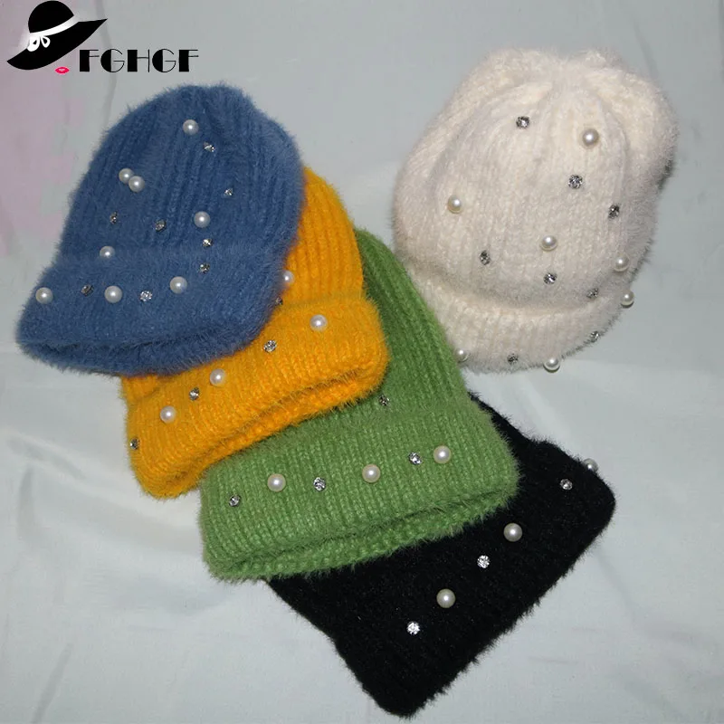 FGHGF акриловая шапочка, повседневные теплые толстые шапки для женщин, женская зимняя Лыжная шапка с жемчужным акцентом, Вязанная, Skullies, мягкая, эластичная, громоздкая