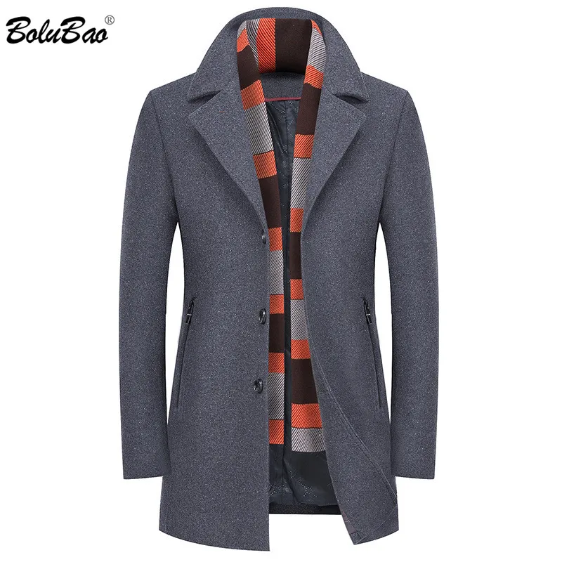 BOLUBAO New Men Wool Blends Coats Winter Thick Warm High Quality Men's Wool Coat Male With Scarf Casual Wool Blends Overcoat