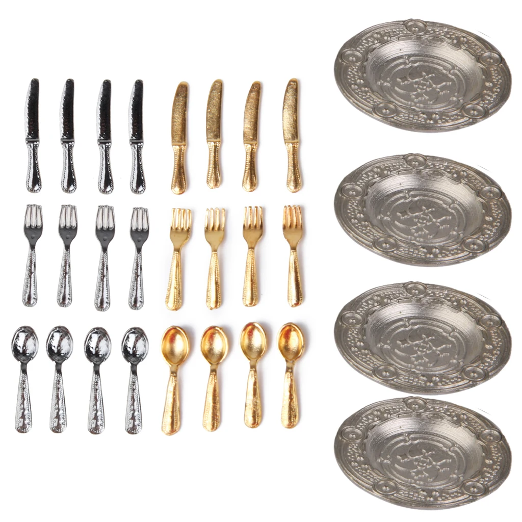 1/12 12 Pcs Dollhouse Miniature Forks, Spoons & Knifes Tableware Stainless Steel Tableware Set  Kitchen Accessories Toys