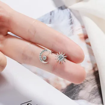 

New Arrival Asymmetry Wild Fashion 925 Sterling Silver Jewelry Star And Moon Crystal Two Colors Exquisite Stud Earrings SE465