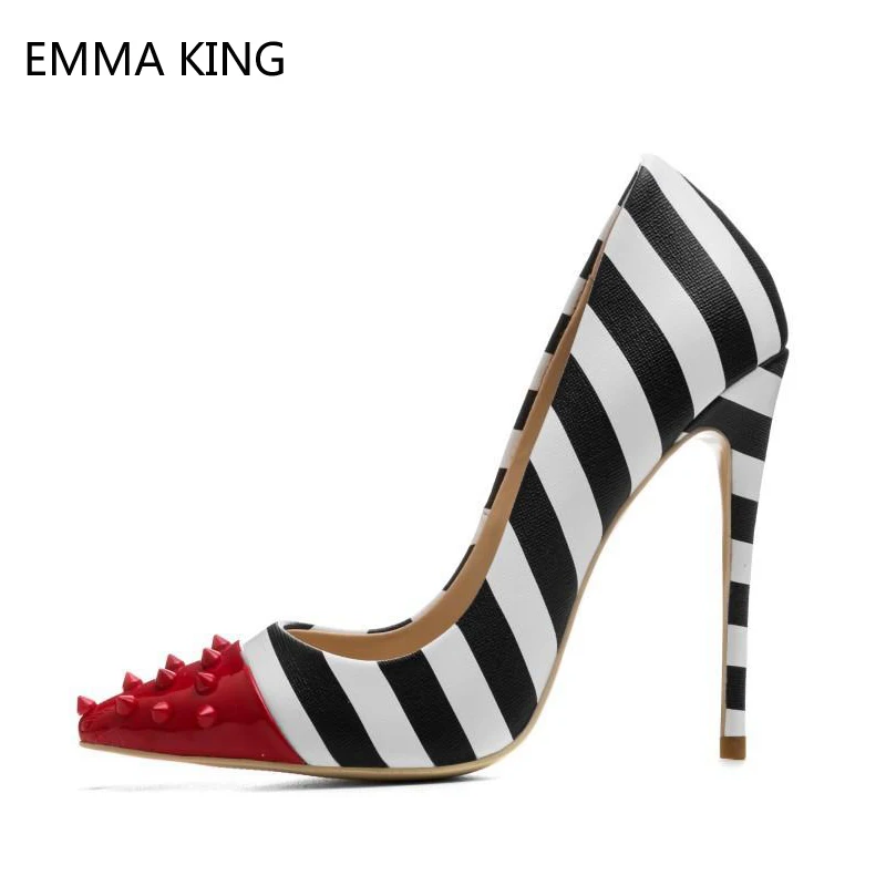 

2019 New Women's Shoes Stiletto Heels Pointed Toe Fashion Rivets 12cm High Heels Sexy Shallow Black White Striped Women Pumps