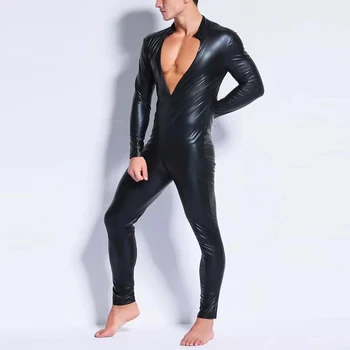 

Sexy Plus Size Men Black Sexy Catsuit Bodysuit Overalls Wet Look Dance Wear Long Sleeve Zipper Gay Latex Skinny Vinyl Jumpsuit