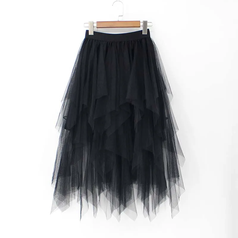 Весна лето Jupe Тюль Femme сетка до колена асметричная Лоскутная юбка-пачка с завышенной талией и асимметричным подолом для женщин - Цвет: Black