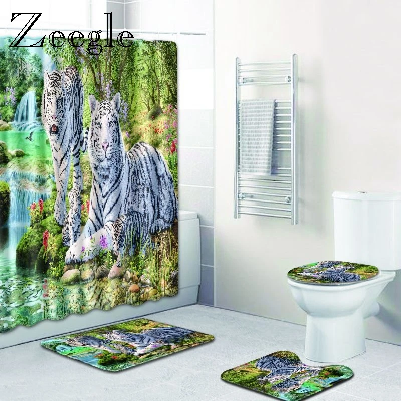 

Zeegle Tiger Printed Bathroom Bath Mats With Shower Curtain Non Slip Shower Room Bathroom Carpet Toilet Floor Mat Bathroom Rugs