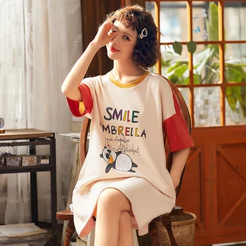 

Yidanna Female Cartoon Sleepshirt Summer Short Sleeved Nightgown Women Cotton Sleep Clothing Nighty Lady Plus Size Nightwear