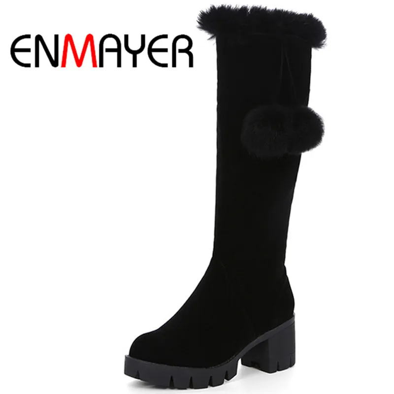 

ENMAYER New Fashion Winter Boots for Women High Square Heels Shoes Mid-Calf Fashion Charm Shoes Zip Round Toe Large Size 34-43