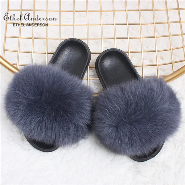 Dark Grey Fox Fur Новинка года; шлепанцы с натуральным лисьим мехом; шлепанцы для дома и улицы; женские меховые сандалии; обувь на плоской подошве; - Цвет: Dark Grey Fox Fur