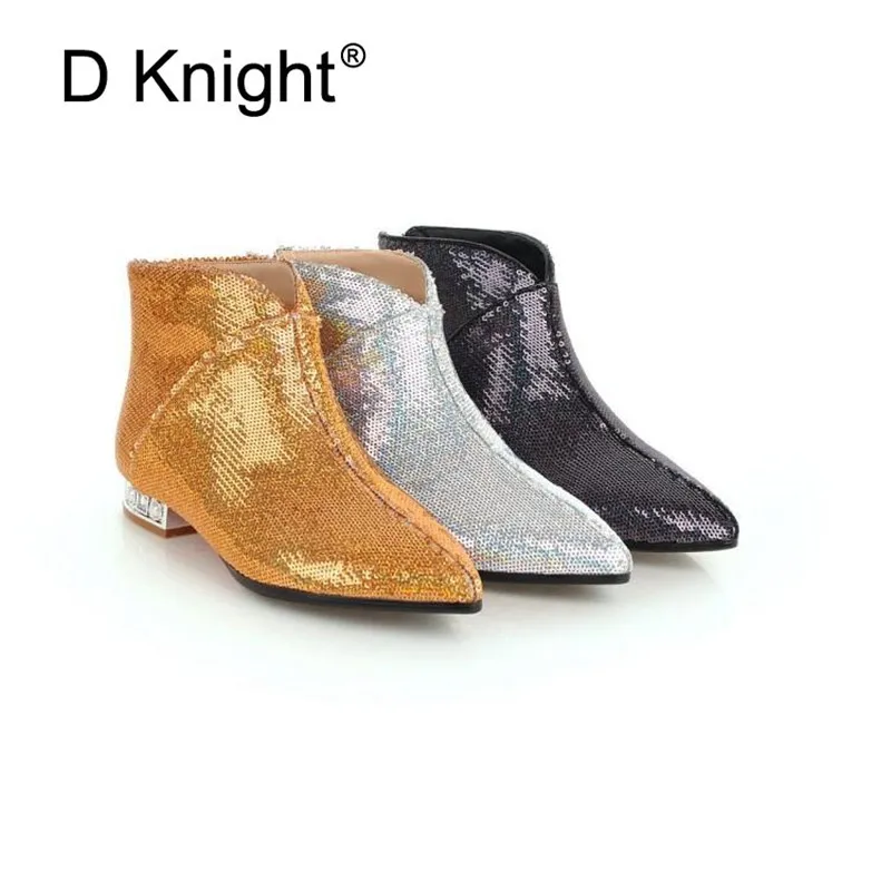 Plus Size 32-43 Women's Chelsea Boots Autumn Winter 2018 New Ankle Boots For Women Rhinestones Comfortable Sequins Ladies Shoes (24)