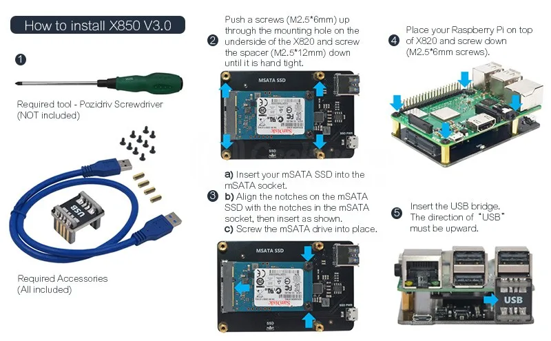 Raspberry Pi 3 Model B+(плюс)/3B mSATA SSD Плата расширения X850 V3.1 USB 3,0 плата расширения Модуль для Raspberry Pi