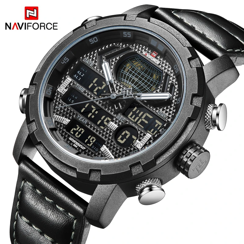 

NAVIFORCE Mens Watches Top Luxury Brand Men Fashion Sport Dual Display Quartz Watch Leather Strap Waterproof Business Wristwatch