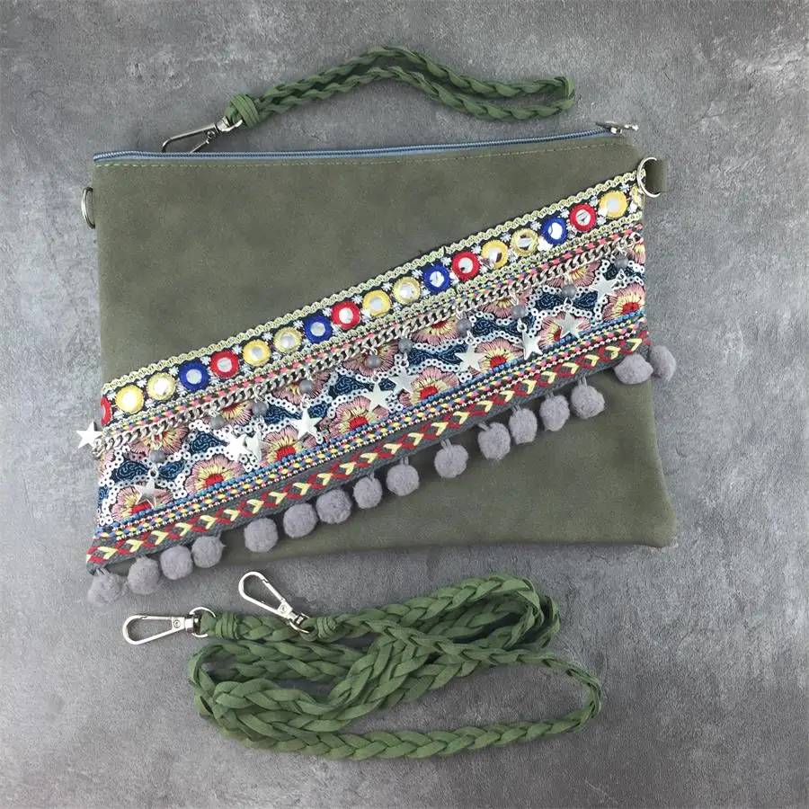 New Vintage Women Shoulder Cross body Bag High Quality Grey Pom POM Gypsy Bohemian Bags