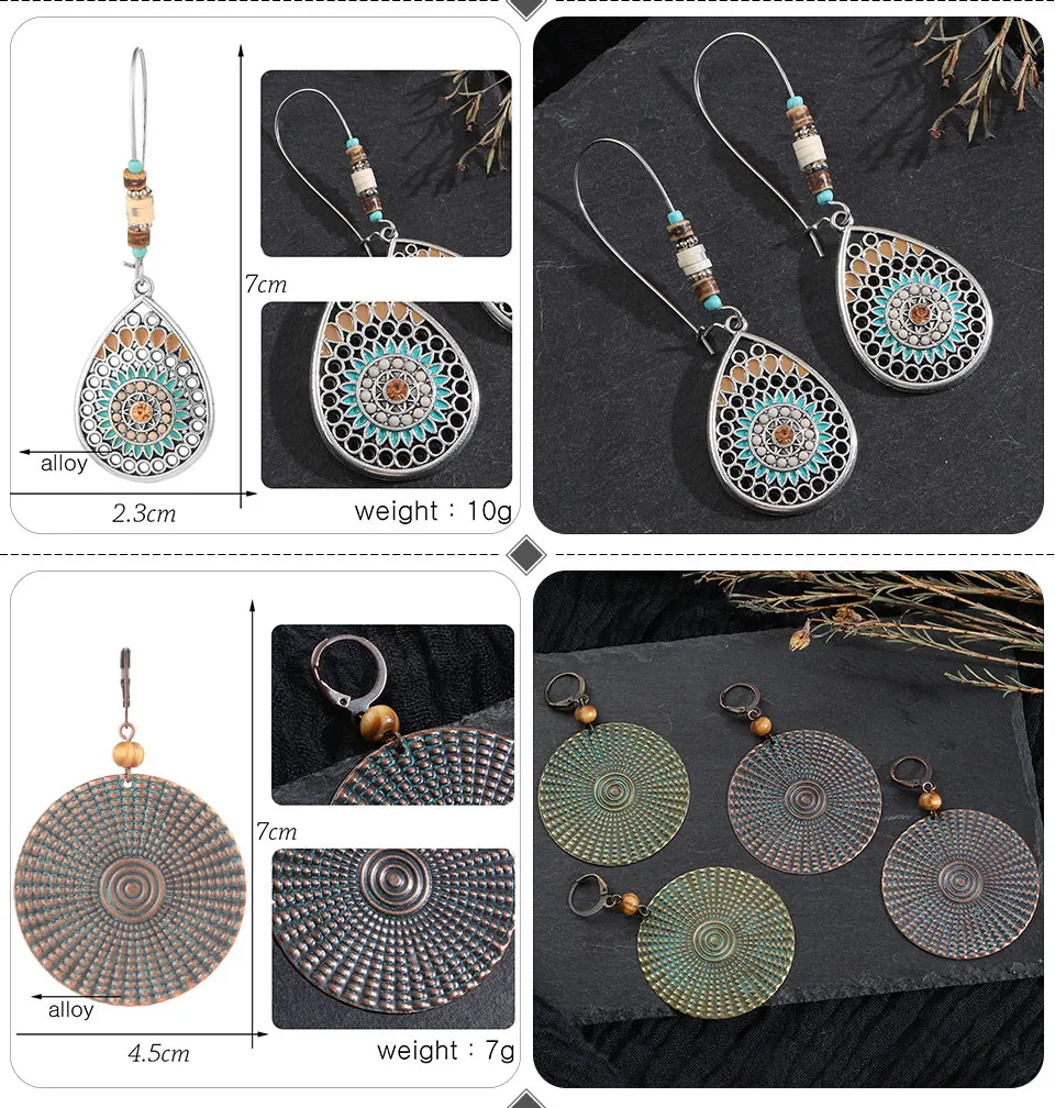 Fashion Vintage Bohemia Black Hollow Water droplets Round Circle arrow triangle Tassel Women's earrings Charm Ethnic jewelry