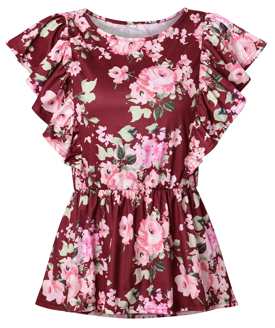 Gladiolus 2018 Floral Print Women T-Shirts O-Neck Butterfly Sleeve Blue Red Slim T Shirt Women Summer Casual Ruffled Ladies Tops (17)
