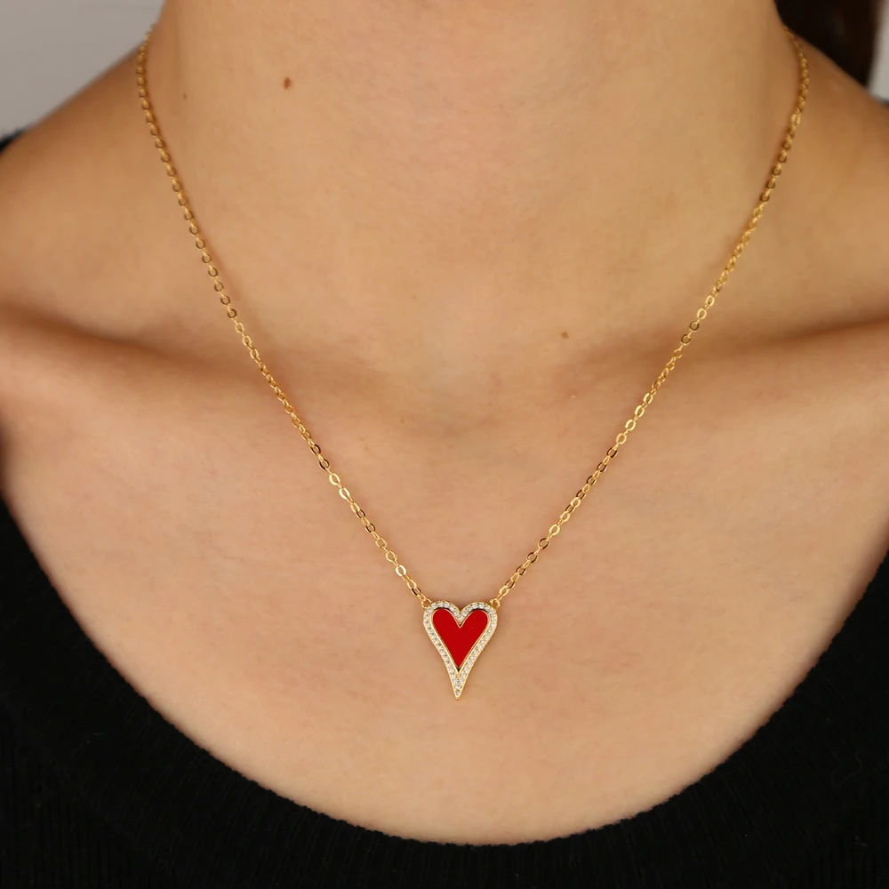RED BLACK WHITE enamel romantic heart pendant necklace Gold filled girlfriend lover gift lovely heart design new jewelry - Image 3