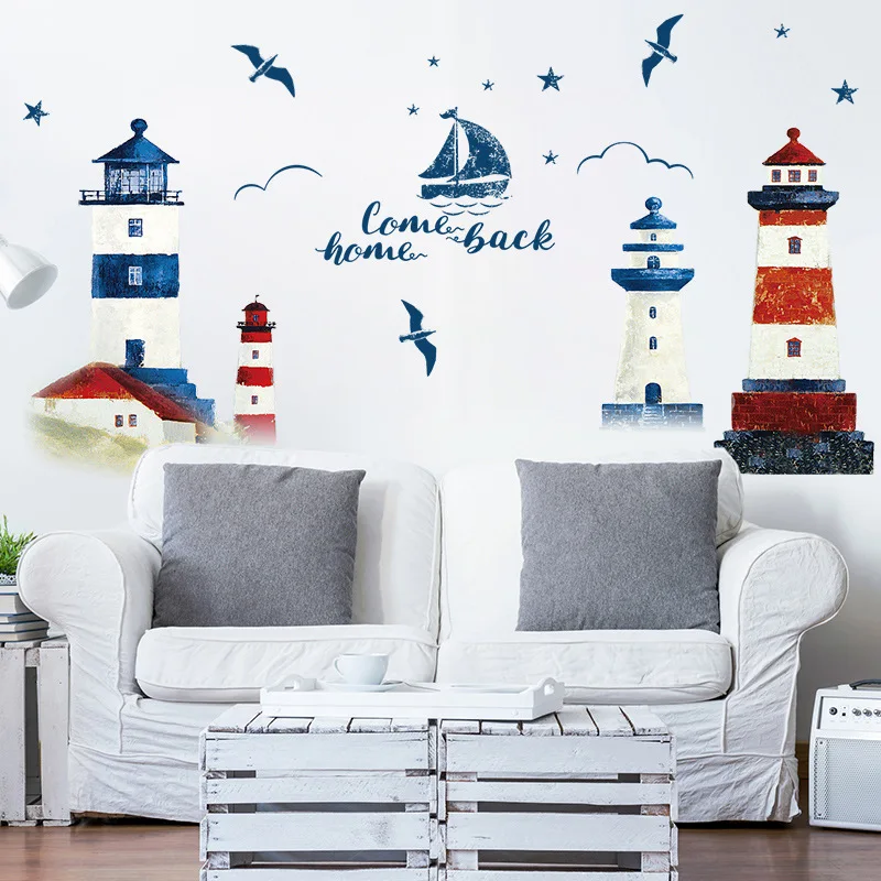 

INKANEARE Realistic Blue Mediterranean Lighthouse Ocean Fresh Background Decorative Bedroom Living Room Wall Stickers