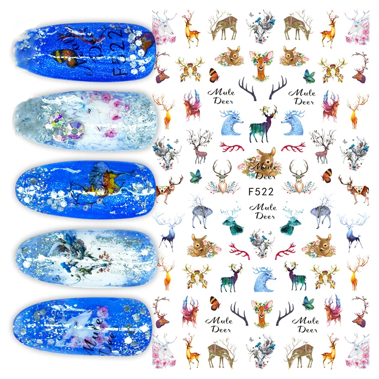 

1pcs 3D Design Nails Art Sticker Xmas Deer Magic Reindeer Nail Stickers Wraps Foil Sticker Manicure Tips F522