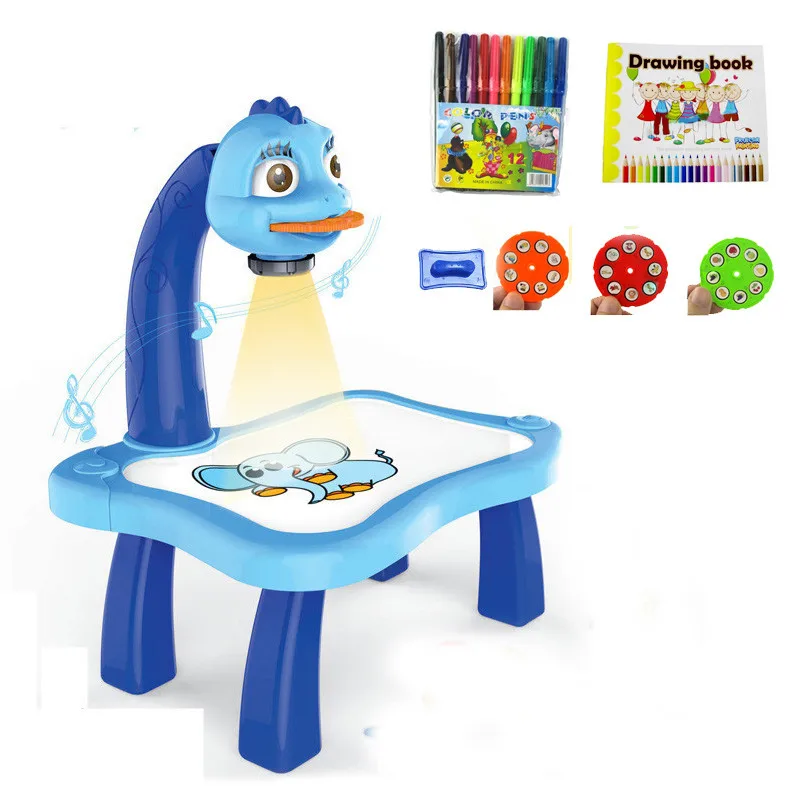 Детский подарок многофункциональное обучение рисованию игрушечные наборы картина игрушка проектор стол для учебы инструмент с ручкой и книгами - Цвет: Синий