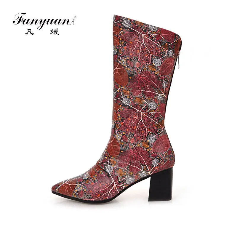 

fanyuan Patent Leather Pointed Toe Half Boots flower Printing Mid Calf Boots Thick High Heels Knight Boots Sapatos Mujer Women