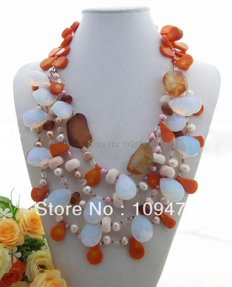 

Amazing! Pearl&Coral&Carnelian&Quartz Necklace
