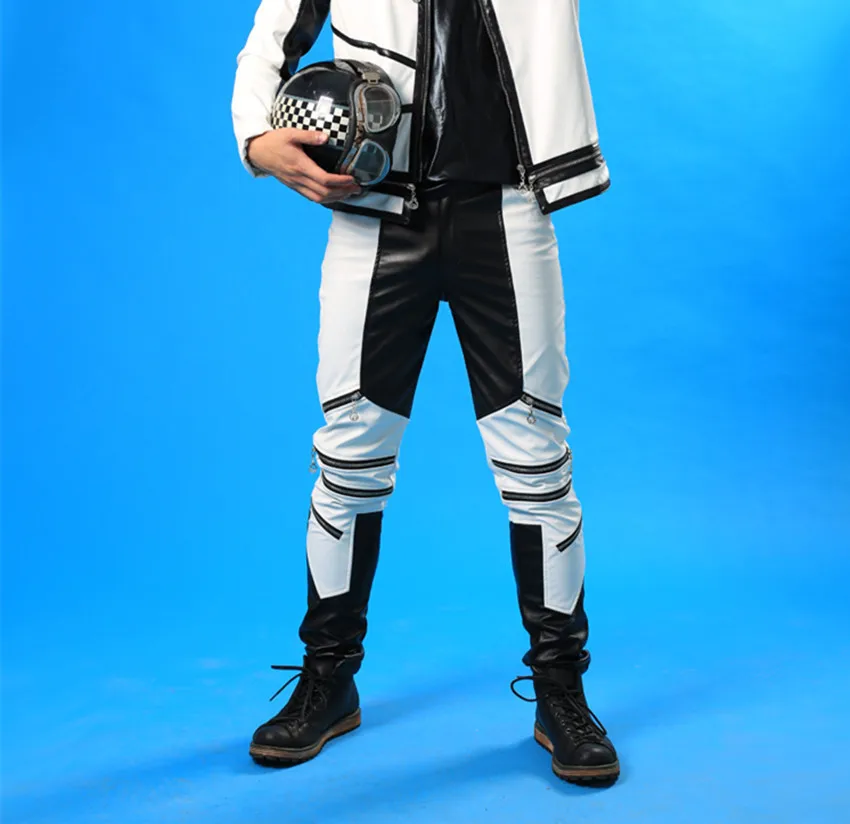 

2016 New Fashion Male black and white color block zipper leather pants singer stage performance trousers